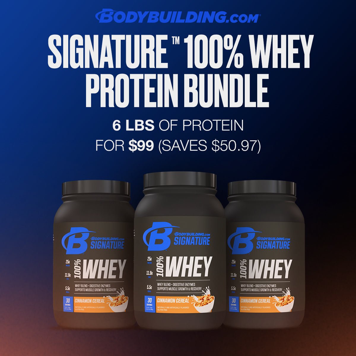 3 - Pack Bodybuilding.com Signature 100% Whey, 90 Total Servings - Bodybuilding.com